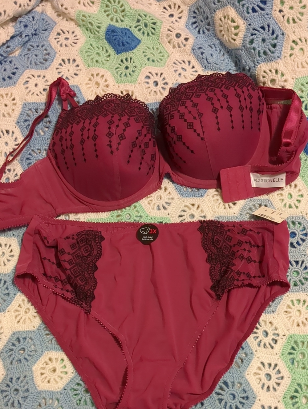 Addition Elle Wine and Black Lace Underwire Bra & Brief Set